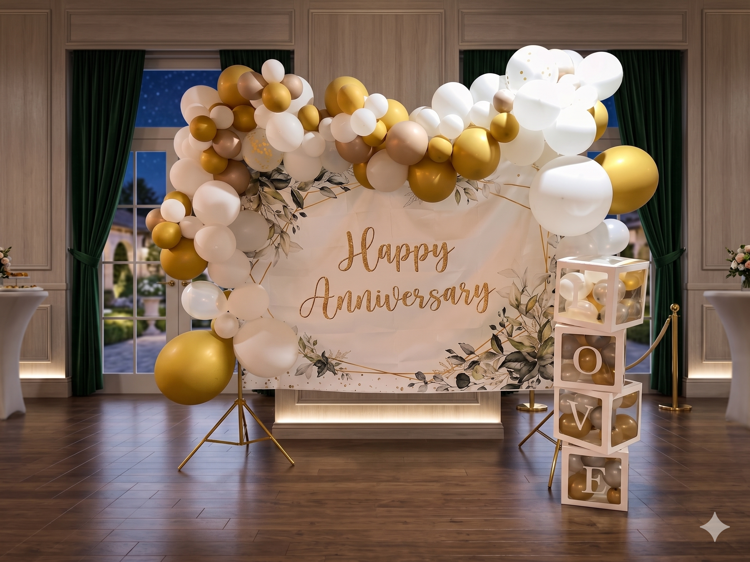 Happy Anniversary backdrop with gold and white balloon garland and a LOVE balloon-block tower