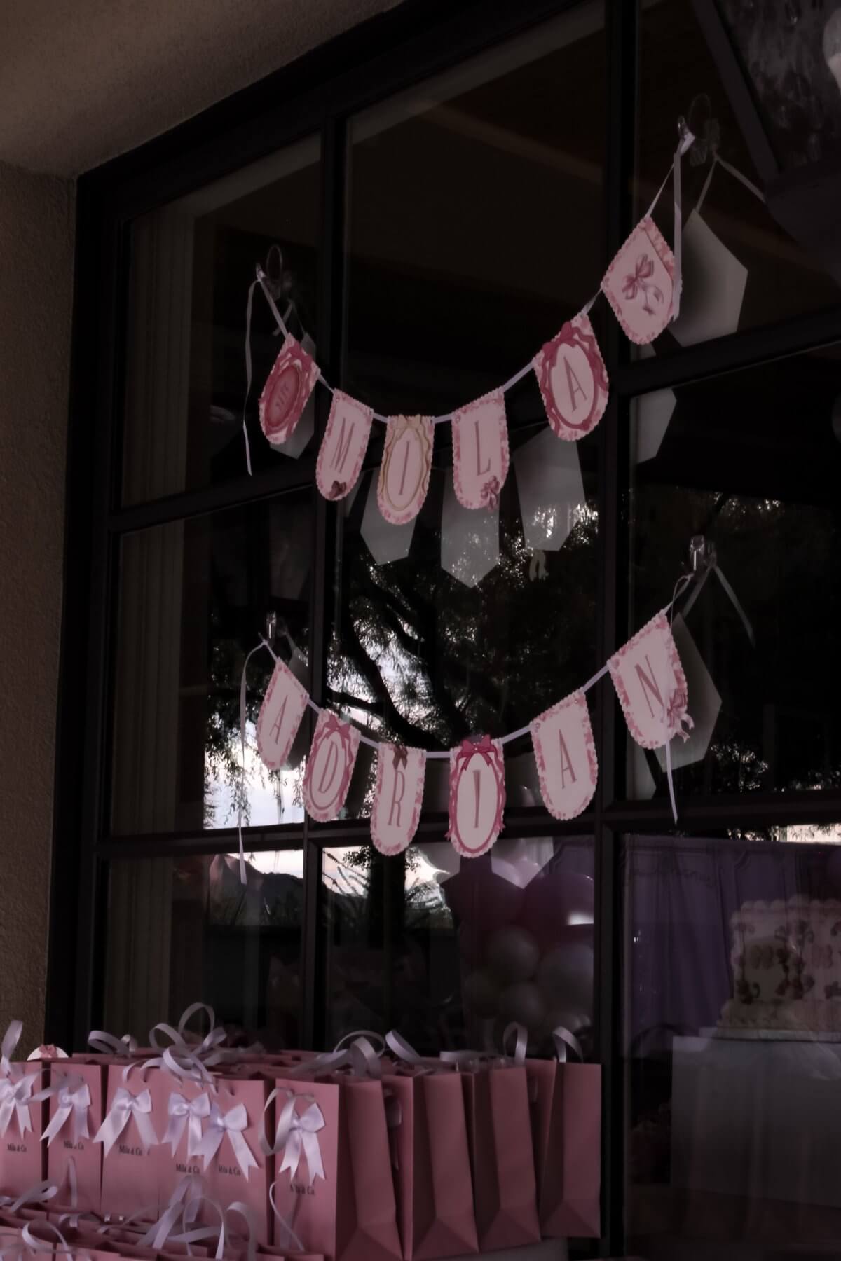 Custom Mila and Adrian name banners hung against a dark window above a pyramid of pink favor bags