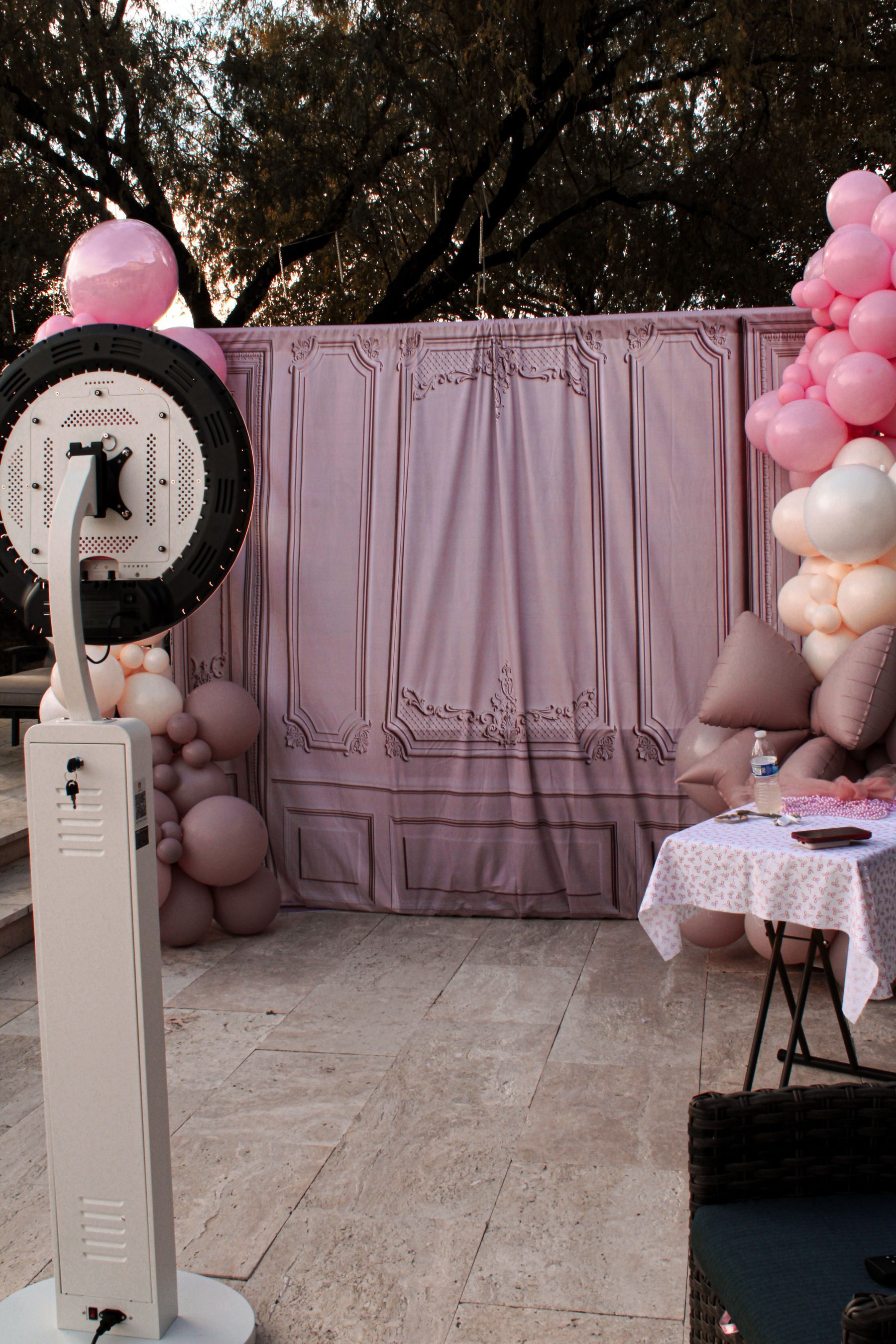 Photo booth setup with carved mauve panel backdrop and a balloon garland in soft pink, cream, and dusty rose